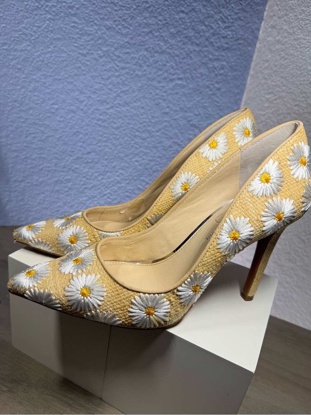 Jessica Simpson Cassini Daisy Embroidered Raffia Pointed Toe Heels NWOT 9.5